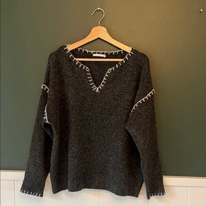 Staccato Charcoal V-Neck Sweater with White Accents